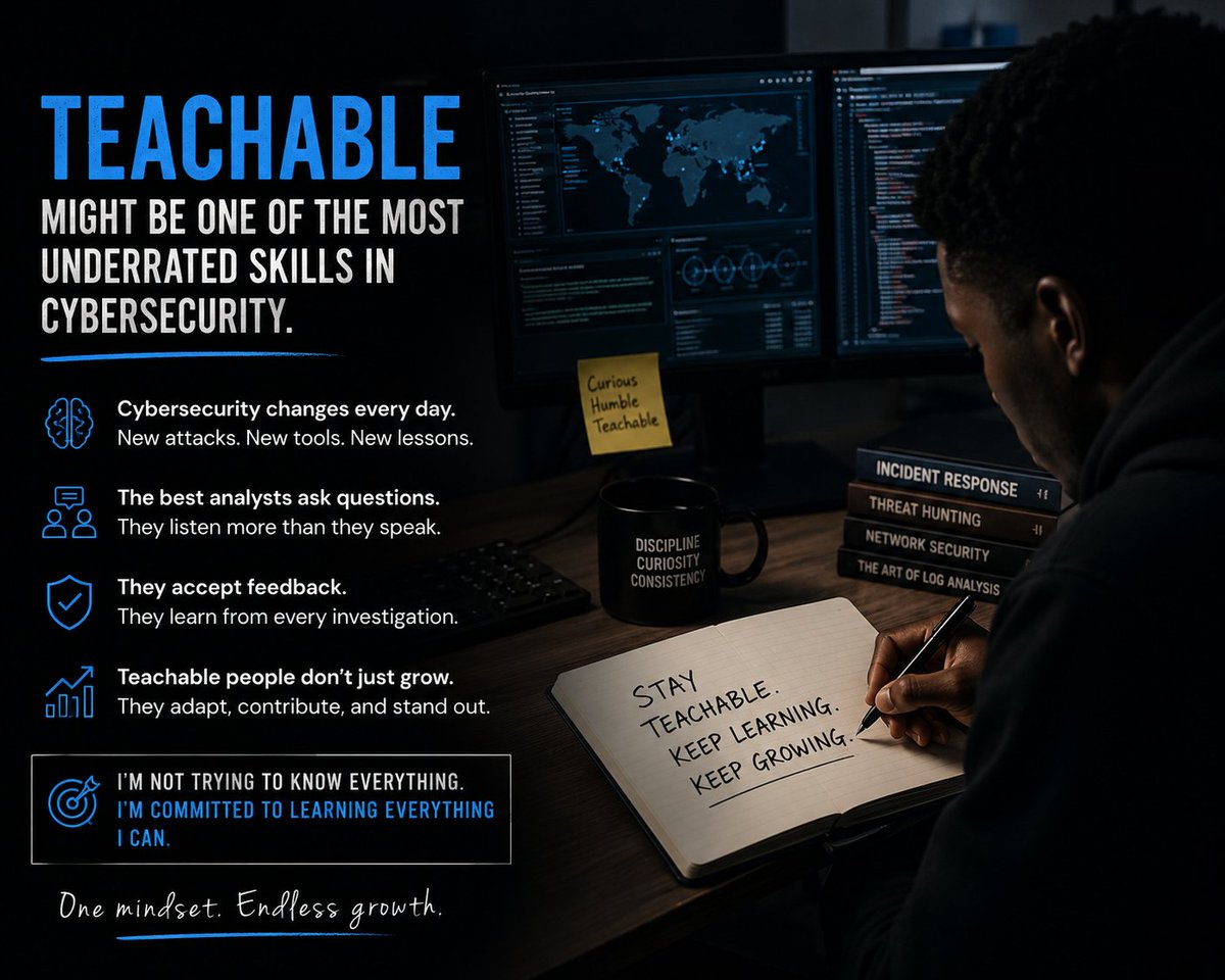 EzeGeorge188537's tweet photo. I'm not trying to know everything.
I'm trying to become someone who never stops learning.
I think that's a better goal.
#CyberSecurity #SOCAnalyst #BlueTeam #InfoSec #CyberCareer #ContinuousLearning #SecurityOperations #GrowthMindset #LearningJourney #TechCommunity https://t.co/VH9oocwuhL