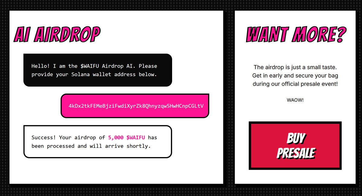 WaifuXSolana's tweet photo. Claim $500,000 - $WAIFU  airdrop for first 500 🔥

Visit: https://t.co/F9nWhNCYJS

✅ Follow
✅ RT + Like pinned post 📌
✅ Comments $SOL address + RT ♻️

Every wallet gets 5,000 $WAIFU https://t.co/nMi5q4l5Mf