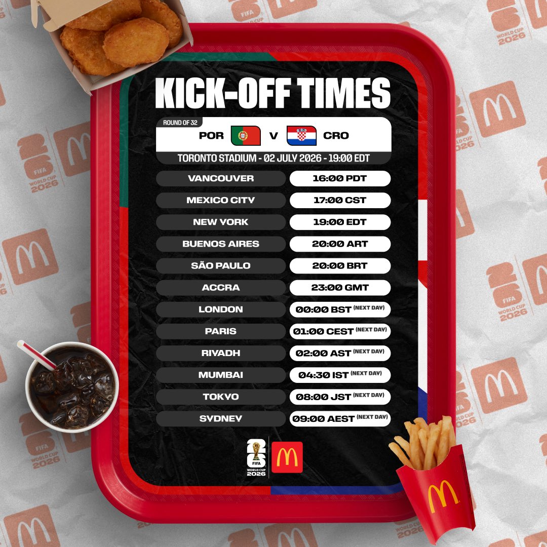 FIFAWorldCup's tweet photo. Don't miss a moment of the action!
#FIFAWorldCup #KickOffTimes
@McDonalds https://t.co/dPQygJD5B9