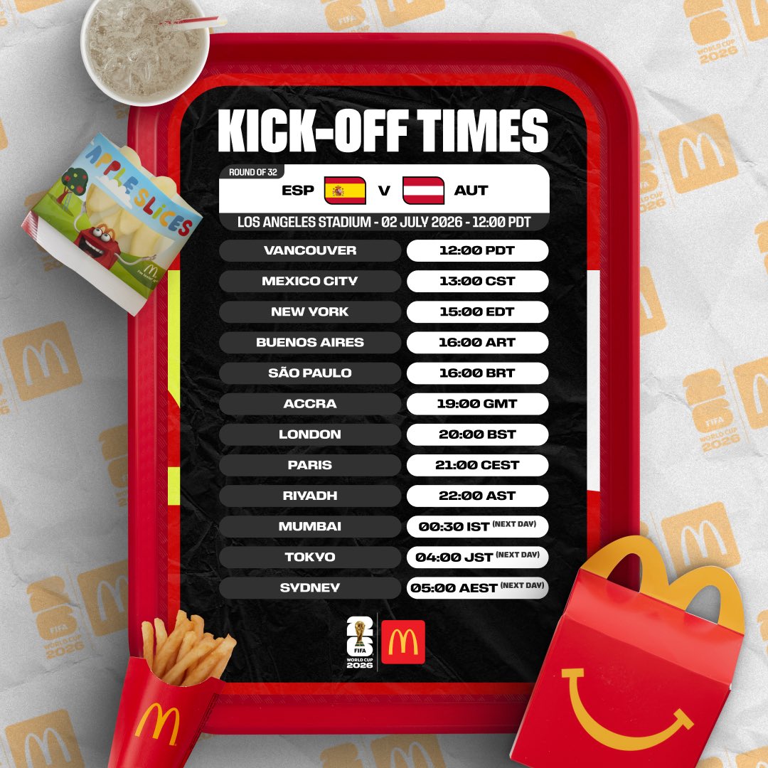 FIFAWorldCup's tweet photo. Don't miss a moment of the action!
#FIFAWorldCup #KickOffTimes
@McDonalds https://t.co/dPQygJD5B9