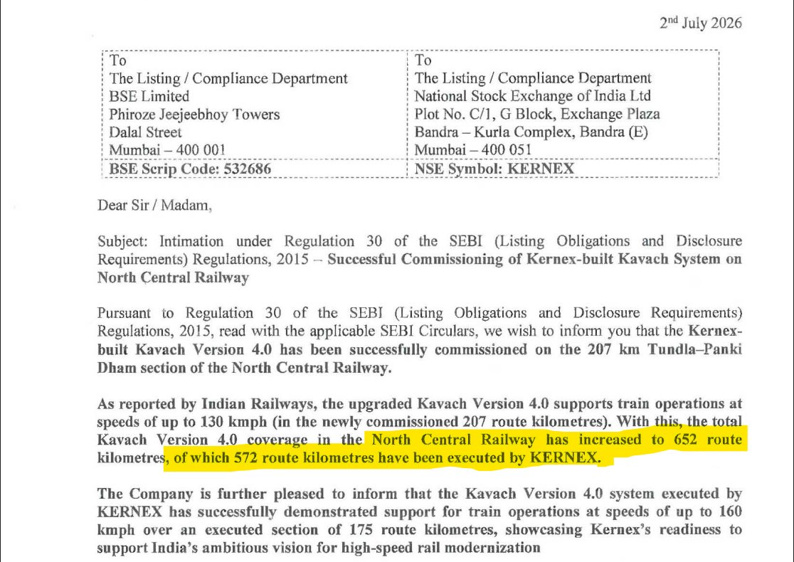 AethosWealth's tweet photo. You are still awaiting for the right price to enter #Kernex but it keeps on moving higher with new order flows on Kavach and executing them
The stock is up 2.5x in last 3 months
It has successfully commissioned Kavach system on North Central Railway, total coverage here of 652 routes out of which 572 has been done by Kernex.
A whopping 85%+ of the coverage!
While this was on the way, the company is silently diversifying into newer verticals.
Here's a summary of the total order inflow in past 1 year and other key projects it is undertaking -
📋 Kavach Orders Won -
-> 10 Kavach LoAs bagged since Jun 2025, gross value ~₹4,387 Cr
-> Biggest ones:
CLW ₹2,465.71 Cr (Jan 2026) for 3,024 locos, CLW ₹475.21 Cr (May 2026), BLW ₹411.17 Cr (Feb 2026)
-> Customers span CLW, BLW, DFCCIL, PCMM/PLW plus multiple railway zones
──────────────────
⚙️ What's Next?
Moving Block Signalling System:
51:49 JV with Bharat Heavy Engineering for Moving Block Signalling (ATS + ATO + CTC on Kavach platform) - moving up the value chain
Industrial diversification:
First industrial order outside railways: Jindal Steel LOI ₹15.90 Cr for yard automation, seen as a template for steel/coal/cement/ports
Organisational signal:
COO elevated to President - Diversification, so this isn't a one off
──────────────────
📊 Order Book
-> Last disclosed backlog ₹3,268 Cr (Dec 2025), before the big CLW order
-> Adding subsequent wins minus Q4 execution
Book is likely ~₹6,500 Cr now. Own estimate, not company stated, next hard number likely at Q1 FY27 concall
──────────────────
🎯 FY27
-> No formal numeric guidance from management yet
-> But FY26 revenue already scaled to ₹430 Cr from ₹190 Cr, and most of the FY26 order inflow executes through FY27-28 on 12-18 month timelines
-> Watch debtor days too, jumped to 268 in FY26 from 45 in FY25
Not investment advice, do your own research before taking any position.
@AethosWealth #Kernex #Kavach #RailwayStocks #IndianRailways