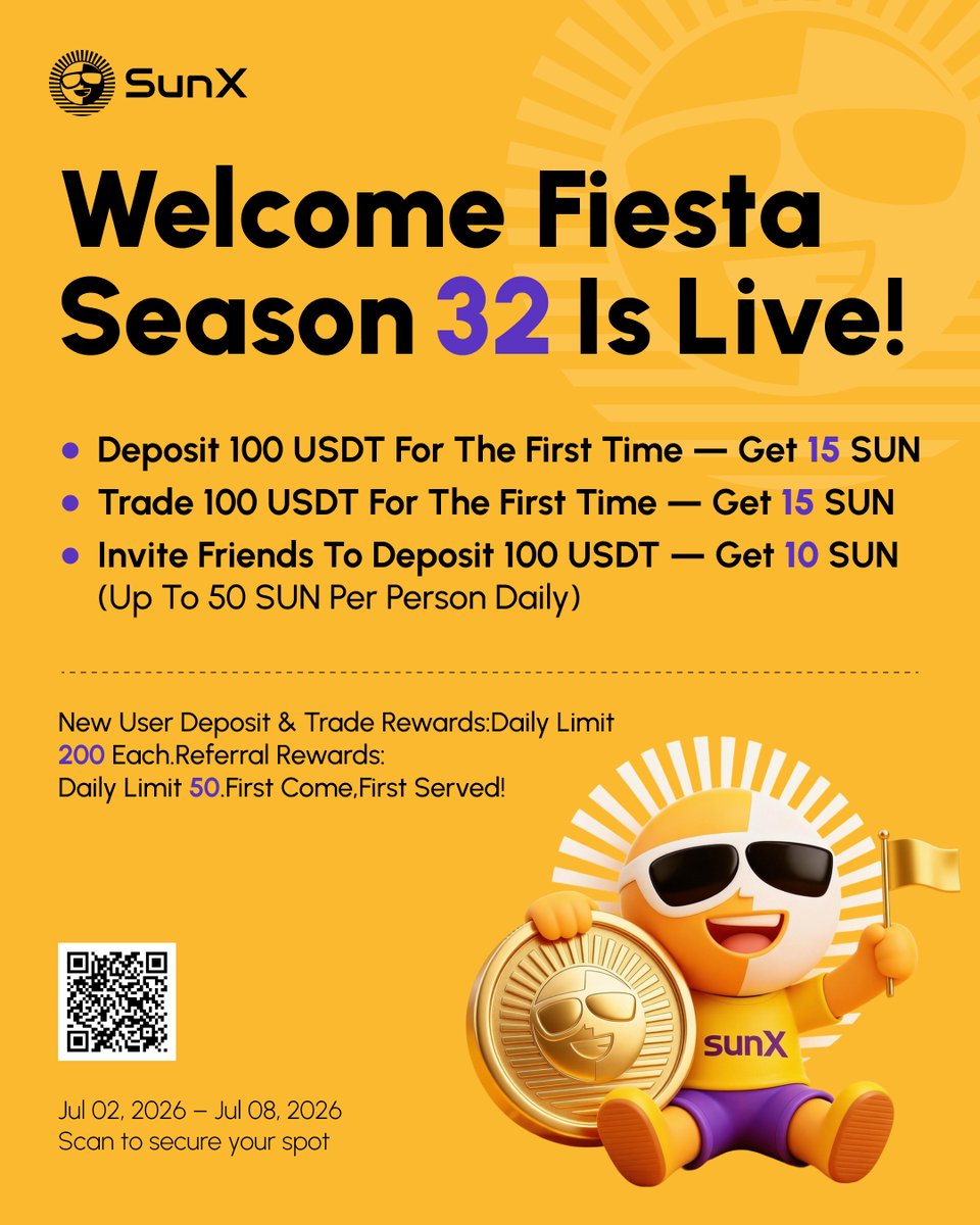 SunX_DEX's tweet photo. SunX Welcome Fiesta #32 is live!

3 bags 🎁🎁🎁 to claim:
1⃣ Deposit $100 → bag 15 $SUN
2⃣ Trade $100 → bag 15 $SUN
3⃣ Invite degens → stack up to 50 $SUN/day

July 2 - July 8 | First come, first served.
Grab yours → https://t.co/mDRtzPwyGF

Like & RT to split 30 USDT - 3 winners 💵
