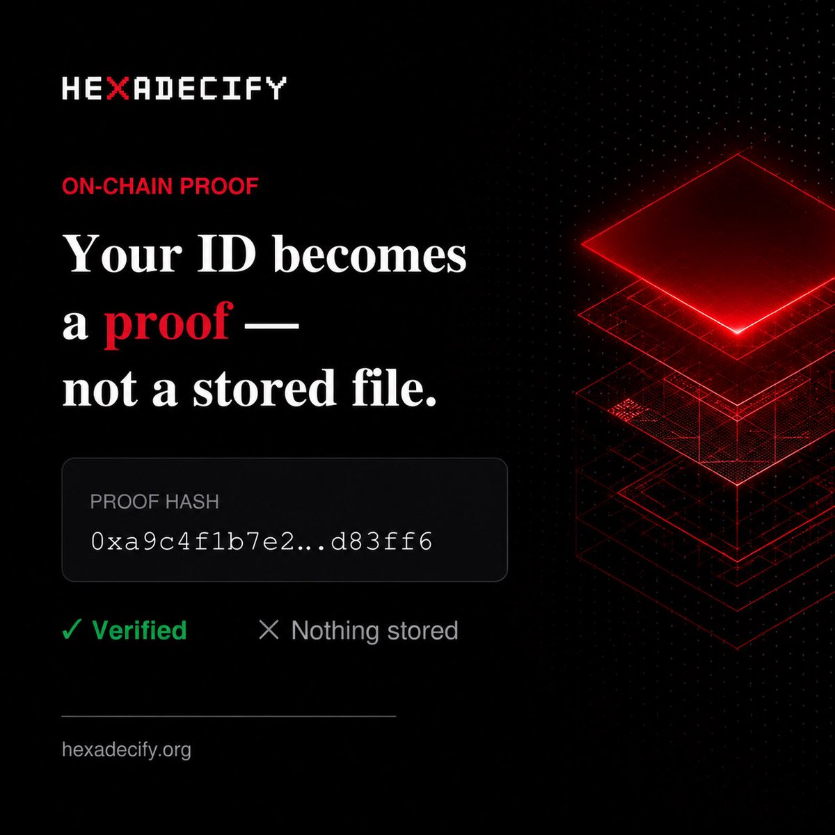 hexadecify's tweet photo. Instead of collecting and retaining sensitive documents, Hexadecify transforms successful verification into a verifiable proof.

✔ Verified
✖ No raw identity stored

Less data. Less risk. More trust.

🌐 https://t.co/bvQ7bCv0uv

#Hexadecify #ZeroKnowledge #PrivacyTech #Identity https://t.co/5XhAYKmLeS