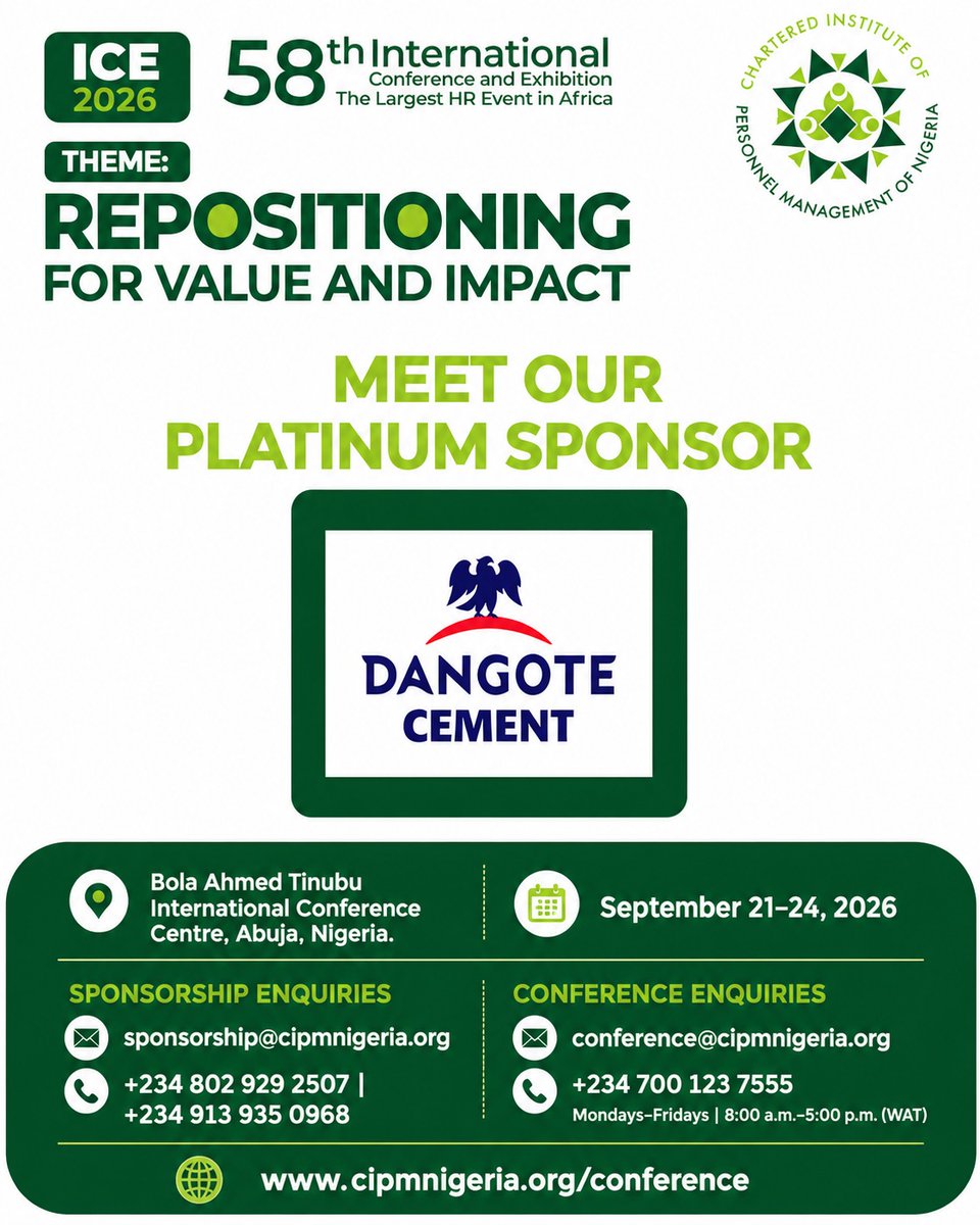 cipmnigeria's tweet photo. Guess who just joined our Platinum Sponsors? DANGOTE CEMENT! 💎

Real brands know the real deal — and that’s the 58th International Conference and Exhibition!

 Position your brand in front of 4,000+ business leaders, HR experts, and young professionals from across the globe. https://t.co/X9QJ3TpQgO