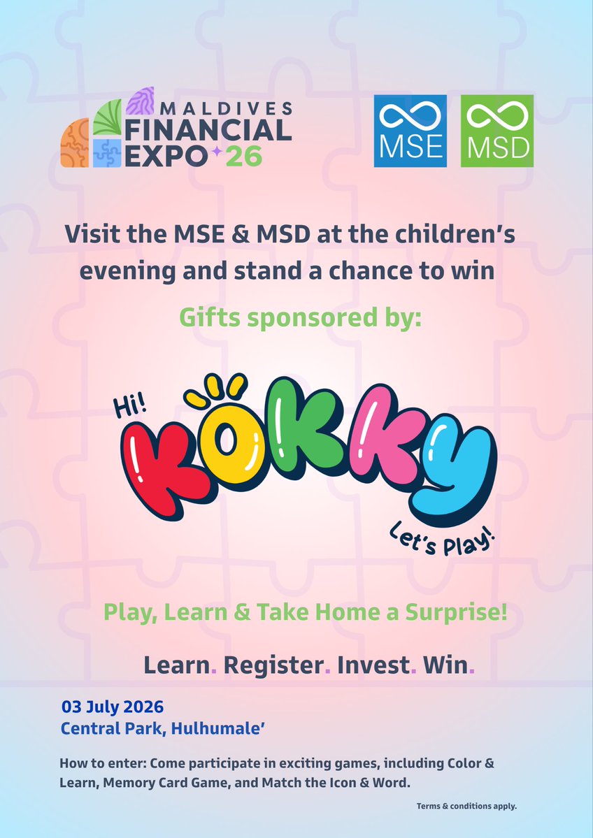 StockExchangeMV's tweet photo. We're excited to have Kokky joining us as a sponsor and collaborator for MSE/ MSD's participation in the Children's Evening at the Maldives Financial Expo 2026!
Bring the kids, visit the MSE/MSD stall, and join us for a fun filled evening!
#maldivesfinancialexpo2026 #MSE #MSD https://t.co/IiUSJBEMuz
