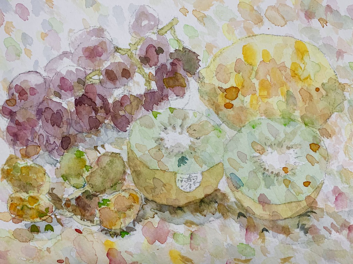 103shoku's tweet photo. 本日の木曜水彩教室🖼️

「果物を描く」前半

印象派風の筆触分割に挑戦しました

どんな色をみつけるかで個性が出ますね🎨 https://t.co/p9ApOdygxO