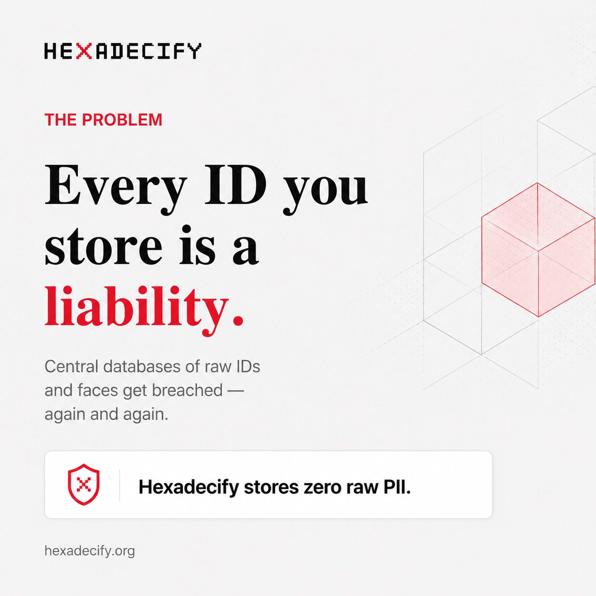 hexadecify's tweet photo. Traditional identity systems accumulate sensitive personal information that becomes a high-value target.

Hexadecify changes the model.

No centralized storage of raw passport data.
No unnecessary collection.
Just privacy-first verification.

Store proofs. Not identities. https://t.co/FQG0TKbKA7