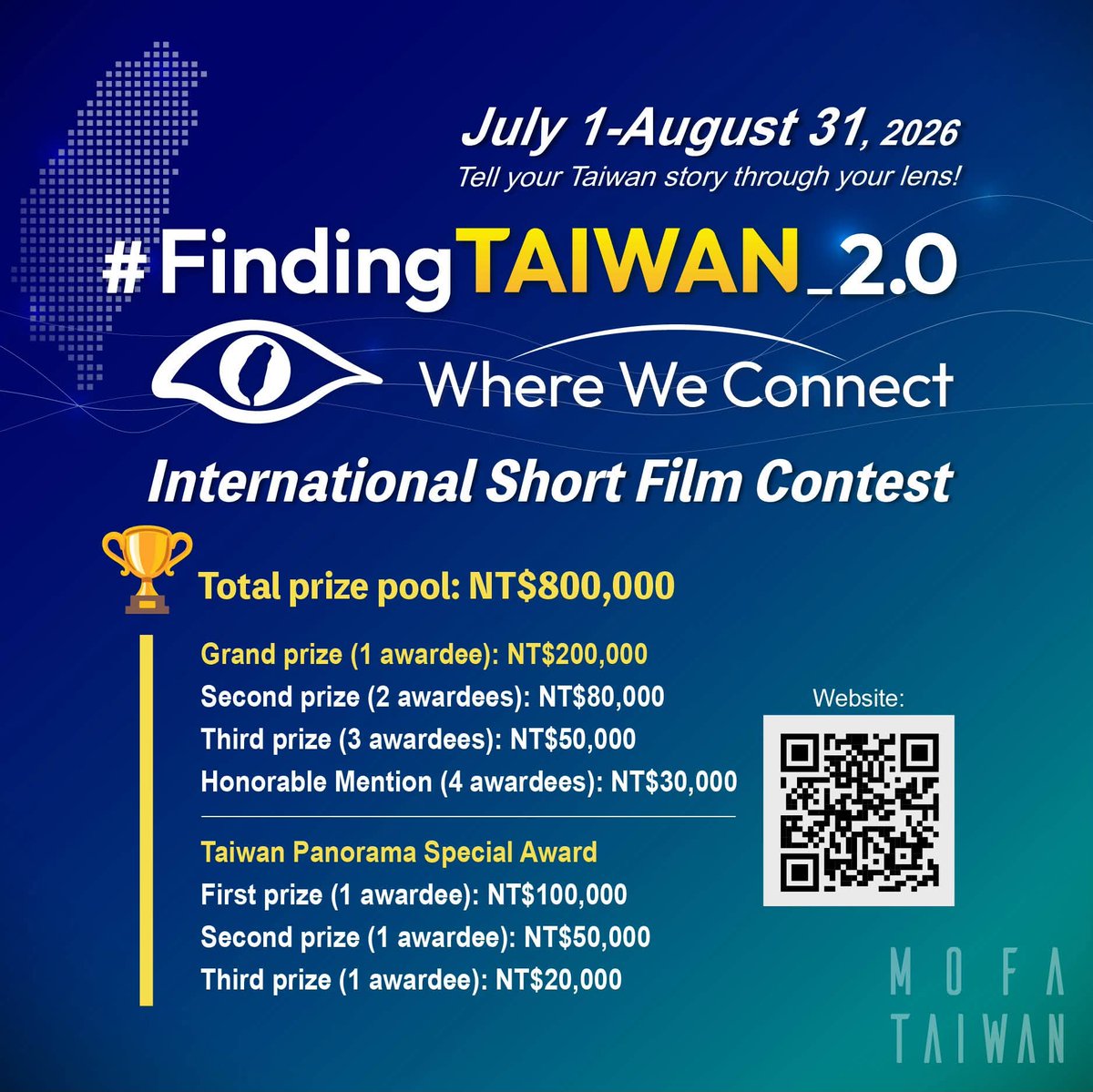 TaiwanMelbourne's tweet photo. Taiwan is more than just a destination—it’s a network of stories, innovations, and friendships. 🌏✨

How do you connect with Taiwan? Show us in our #FindingTaiwan_2.0 film contest and compete for NT$800,000!

Want to stay in the loop on Taiwan’s creative scene and global impact? Hit follow for more stories that connect us all. 🎬🚀

#FindingTaiwan #CreativeContest #ShortFilm #Taiwan #GlobalConnections #TeamTaiwan

Source: @MOFA_Taiwan