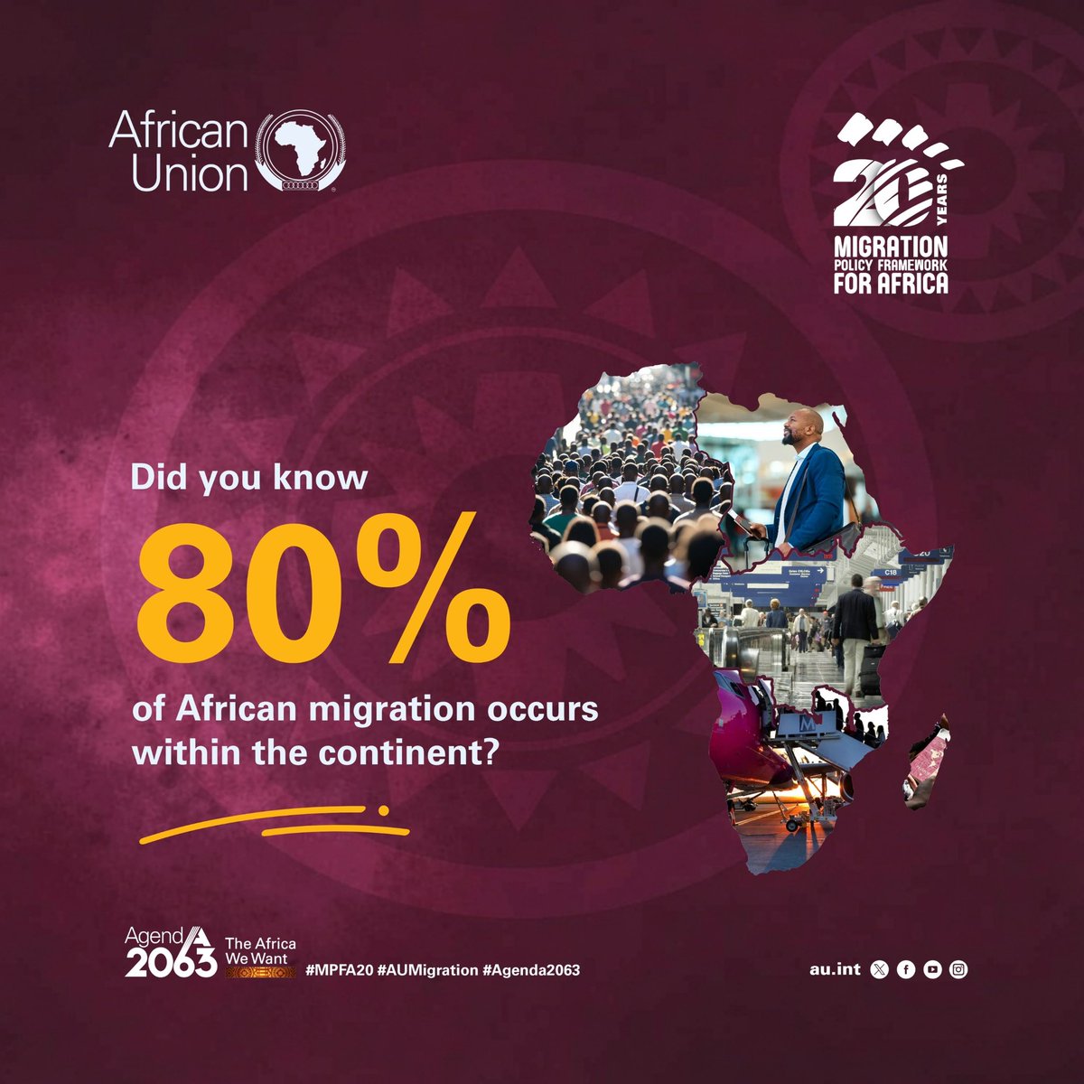 _AfricanUnion's tweet photo. Did you know that around 80% of migration in Africa happens within the continent? 
This is one of the reasons the African Union adopted the Migration Policy Framework for Africa (MPFA) in 2006, to help Member States manage migration coherently and turn mobility into a driver of regional integration, as set out in #Agenda2063.

#MoveAfrica #MPFA20