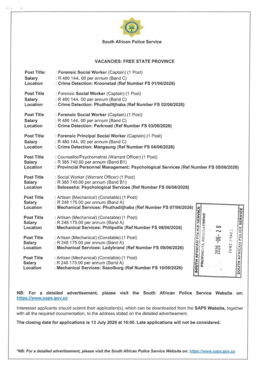 SAPoliceService's tweet photo. #sapsFS [SOUTH AFRICAN POLICE SERVICE (SAPS) VACANCIES: FREE STATE PROVINCE]

The #SAPS invites qualified applicants to apply for vacancies within#EmpoyeeHealthAndWellness, Detective Service Family Violence, Child Protection and Sexual Offences (FCS): Forensic Social Work (FSW) and #SAPS Garages from the level of Constable to Captain: Free State Province.

Appointments will be made in terms of the SAPS Act, 1995 (Act No. 68 of 1995). Applications must be submitted on the official SAPS application form, available on the SAPS website.

Closing date: 13 July 2026 at 16:00. Late applications will not be considered.

Follow the link below to the SAPS website POLICE ACT Career page, to view advertisements and download application forms: 

#SAPSCareers
#SAPSEmployerOfChoice ST

https://t.co/N0dsMNKsrH
