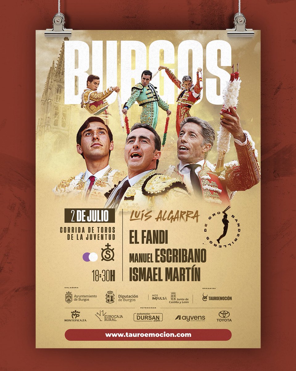 feriadeburgos's tweet photo. 💥💥 ¡𝗨́𝗟𝗧𝗜𝗠𝗔 𝗗𝗘 𝗙𝗘𝗥𝗜𝗔! Toros de Luis Algarra para el cartel de Banderilleros de Oro: 𝗘𝗹 𝗙𝗮𝗻𝗱𝗶, 𝗠𝗮𝗻𝘂𝗲𝗹 𝗘𝘀𝗰𝗿𝗶𝗯𝗮𝗻𝗼 𝗲 𝗜𝘀𝗺𝗮𝗲𝗹 𝗠𝗮𝗿𝘁𝗶́𝗻.

👉🎟️ ¡𝗩𝗘𝗡𝗧𝗔 𝗘𝗡𝗧𝗥𝗔𝗗𝗔𝗦! Taquillas del Coliseum y en la web https://t.co/v7zyfG1tPB https://t.co/A4rN81BPu4