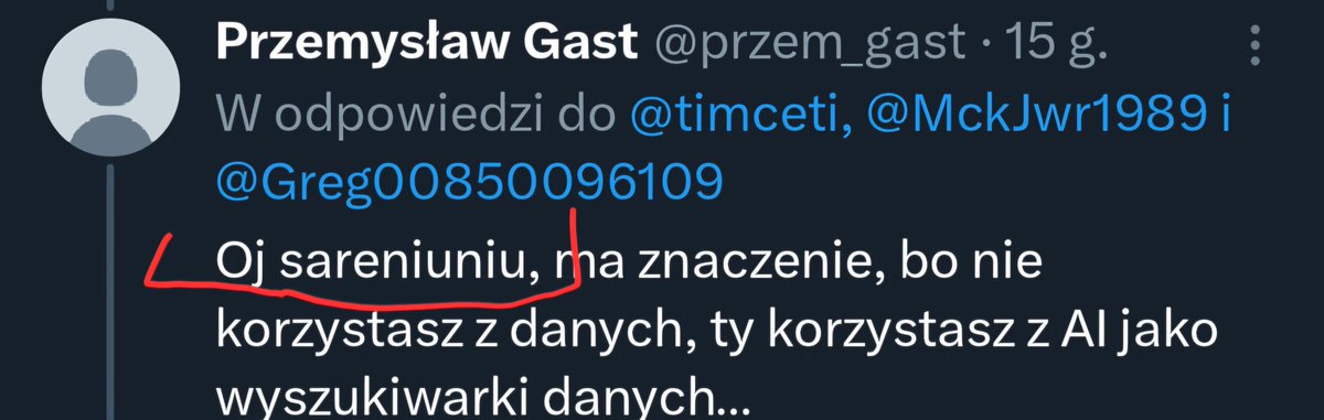 timceti's tweet photo. @przem_gast @MckJwr1989 @Greg00850096109 To niezłe ad personam XD przyganiał kocioł garnkowi i spierdolił za bana, takie kruche męskie ego https://t.co/mbcPcvPrLG