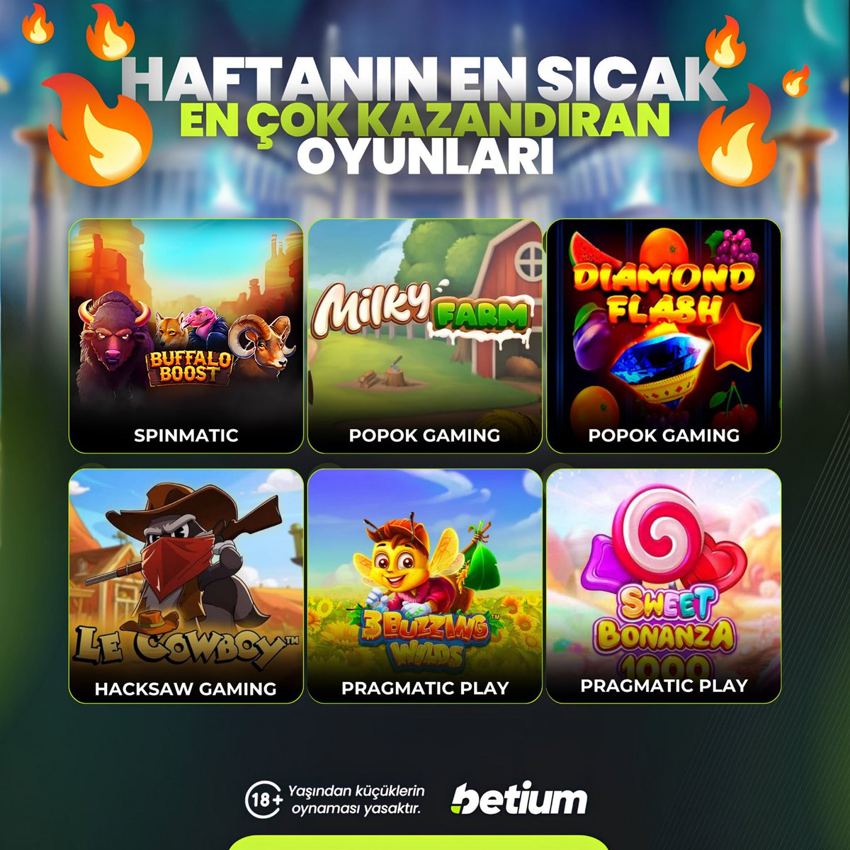 Betium_Turkiye's tweet photo. 🔥Haftanın en çok kazandıran oyunları #Betium’da!

🍭 Hemen %20 Çevrimsiz Bonusunu al ve kazanmaya başla.

https://t.co/DSU8FTFZAi https://t.co/wU9hvr8AAs