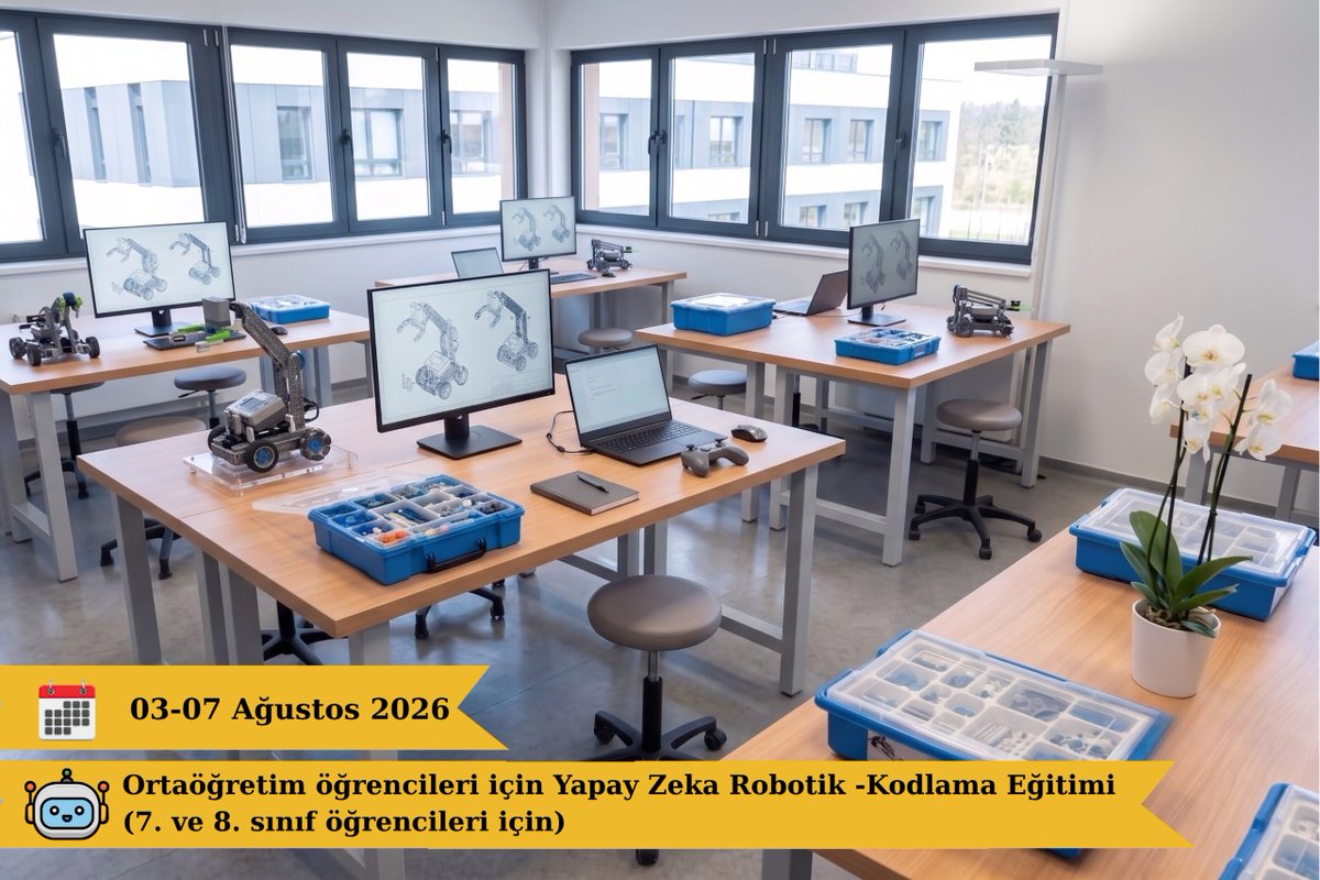 ODTUSEM's tweet photo. Ortaöğretim Öğrencileri için Yapay Zeka Robotik- Kodlama Eğitimi (7, 8. sınıf öğrencileri için)
Eğitim Başlama Tarihi: 3 Ağustos 2026
Son Başvuru Tarihi: 30 Temmuz 2026
Detaylı bilgi ve kayıt için: https://t.co/z4Vs7aGSaP https://t.co/uHHYutJ6CZ
