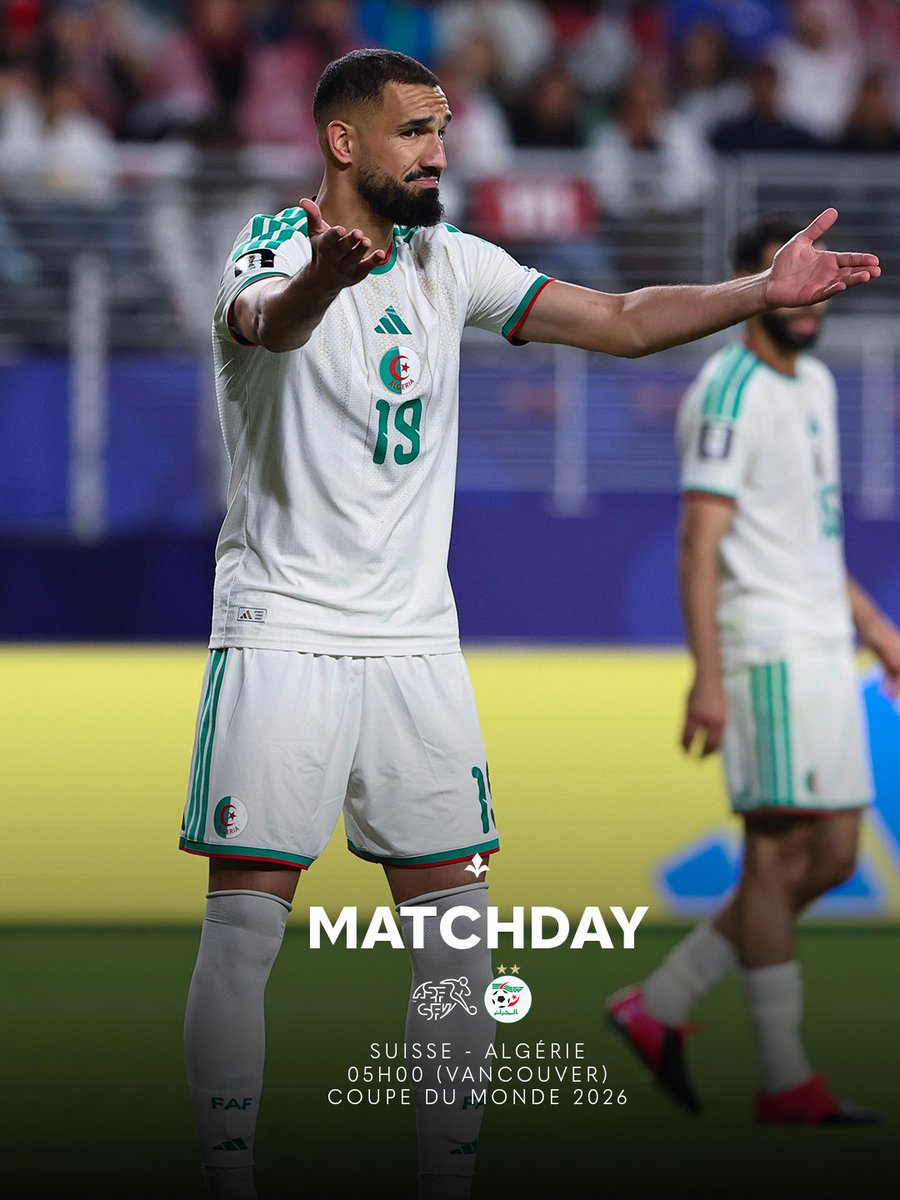 losclive's tweet photo. 𝑴𝒂𝒕𝒄𝒉𝒅𝒂𝒚 🇩🇿

Place au 16e de finale de Nabil Bentaleb et d’Aïssa Mandi avec l’Algérie dans cette Coupe du Monde 2026 👊

Bon match Messieurs ! 🫶 https://t.co/0DkaRnGff9