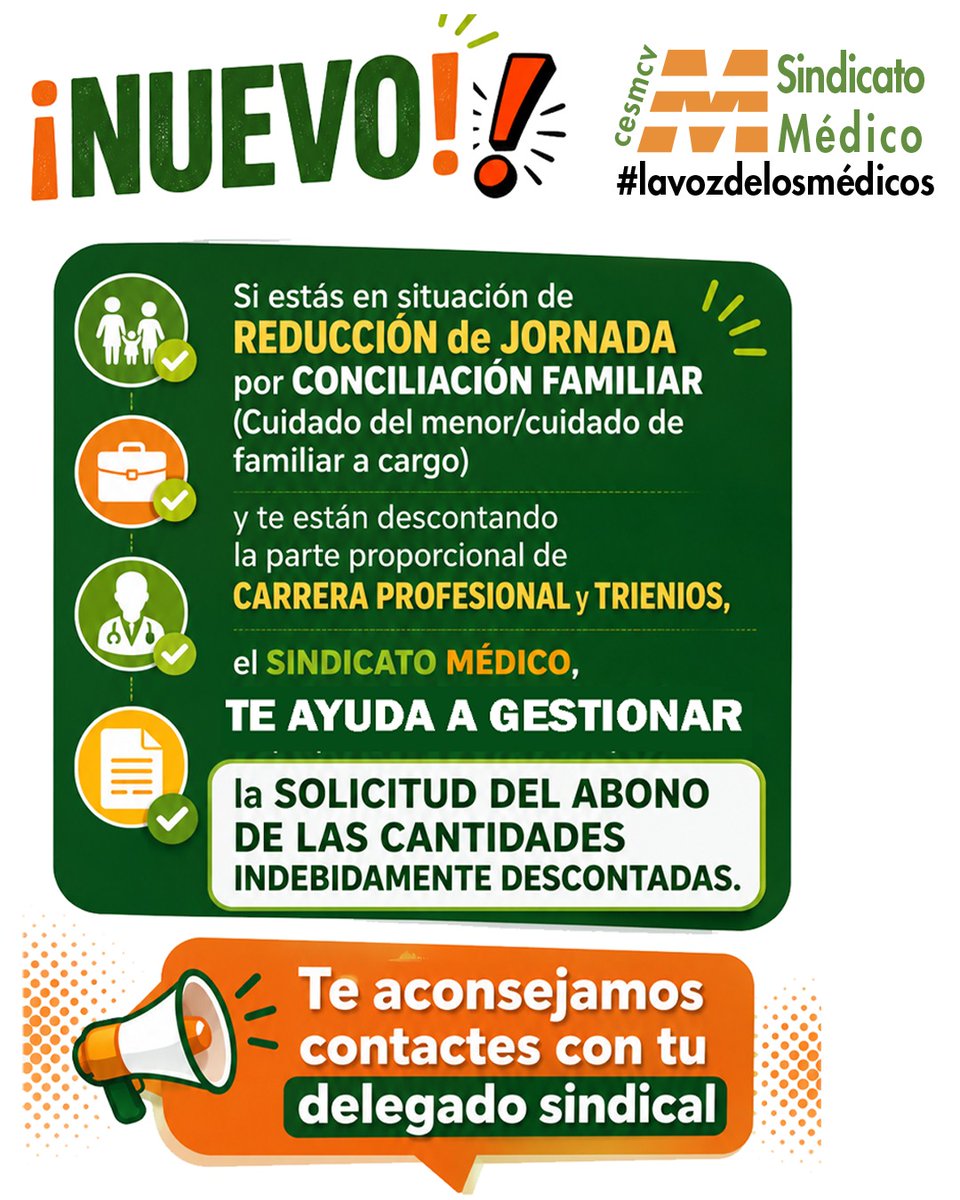 CESM_CV's tweet photo. Si estás en situación de REDUCCIÓN de JORNADA por conciliación Familiar y te están descontando la parte proporcional de: Carrera profesional y Trienios el SINDICATO MÉDICO te AYUDA a GESTIONAR la solicitud del ABONO de las cantidades INDEBIDAMENTE DESCONTADAS‼️
@cesm_sindicatos https://t.co/ysQqTgL5ru