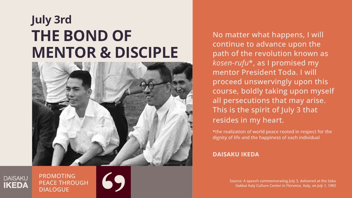 daisakuikeda_of's tweet photo. For Daisaku Ikeda and his mentor Josei Toda, July 3rd symbolizes their profound bond forged through shared struggles to uphold truth and justice with unwavering conviction in the face of adversity.

This day, known as Mentor and Disciple Day for Soka Gakkai members represents the spirit of disciples standing up and carrying forward the shared vow of contributing to world peace through individual happiness. ✨
#July3 #MentorAndDisciple #DaisakuIkeda #JoseiToda #KosenRufu