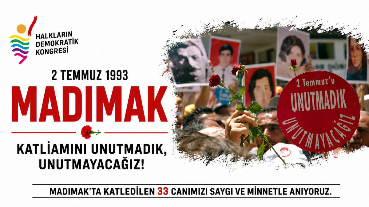 HDK_KONGRE's tweet photo. Madımak Katliamı'nın üzerinden 33 yıl geçti. Bu toprakların en büyük insanlık suçlarından biriyle gerçek anlamda hâlâ yüzleşilmedi. Hakikatin açığa çıkarılması, adaletin sağlanması ve cezasızlık politikalarının son bulması, toplumsal barışın vazgeçilmez koşuludur.

Madımak'ta katledilen 33 canımızı saygı ve özlemle anıyor; halkların eşit, özgür ve ortak yaşam mücadelesini kararlılıkla sürdürüyoruz.

Madımak'ı unutmadık, unutturmayacağız.
