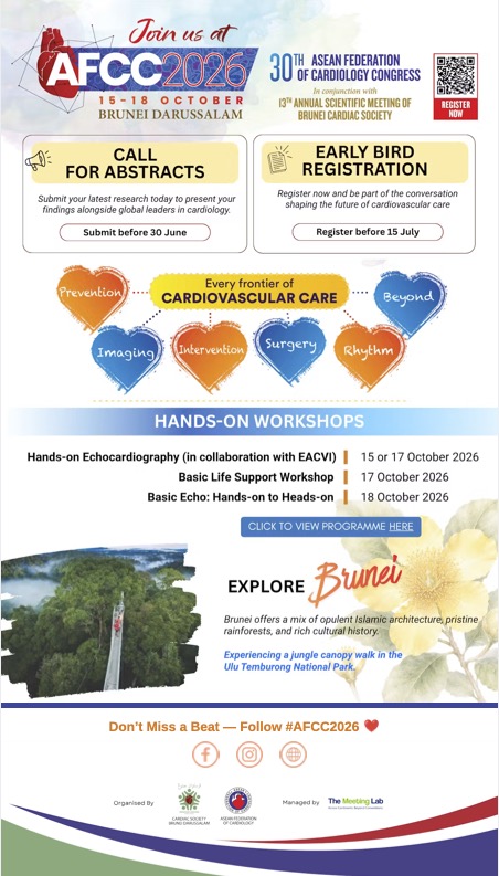 yeocolin's tweet photo. Join #AFCC2026 #Brunei for hands on echo, abstract presentation and general Cardiology exchange! https://t.co/XdqLzl3rTa
