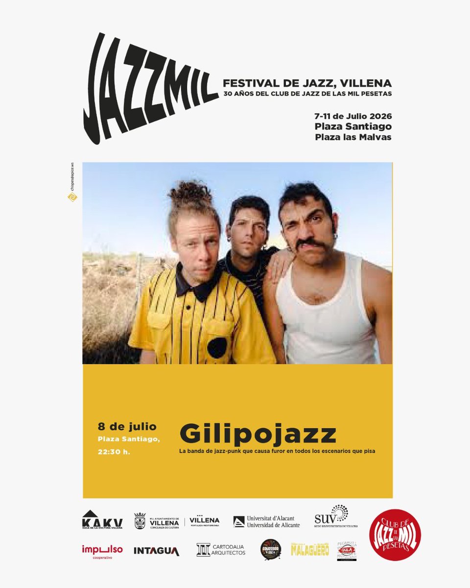 Clubjazzmil's tweet photo. 🎷 Miércoles, 8 de julio en #Jazzmil 

⚡ Gilipojazz: la banda que está revolucionando la escena. Jazz, punk y energía desbordante en un concierto que promete sorprender de principio a fin.

¡Entrada gratuita! 

#Jazzmil2026 #JazzVillena #JazzFestival #Villena 🎷🎹🎺 https://t.co/VkTxQ8RNG3