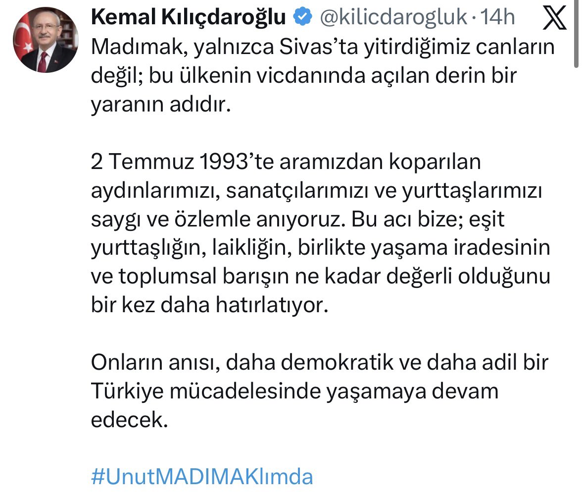 BehlulOzkan's tweet photo. 13 yıllık genel başkanlığı sırasında bir kere bile Sivas’ta Madımak anmasına katılmadı. Butlan olarak atandıktan sonra Madımak anmasının hemen öncesinde CHP Sivas İl Başkanını görevden aldı. Sonrasında da bu mesajı atıyor. Hiç sıkılmadan, çekinmeden. https://t.co/FFJbnwqfxN