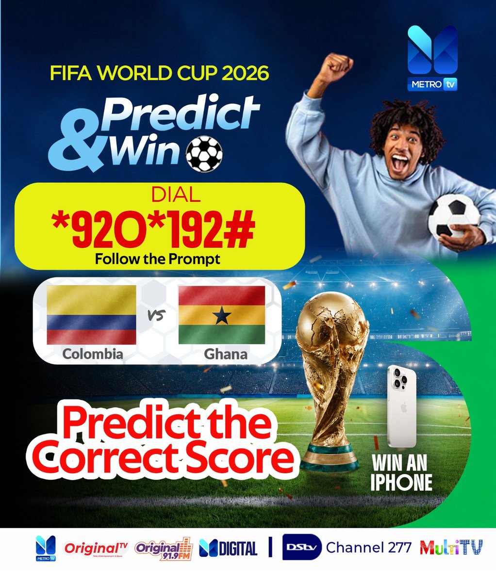 metrotvgh's tweet photo. Another iPhone up for grabs!!! 📱 

Predict the correct score for the 🇨🇴Colombia-Ghana🇬🇭 clash via *920*192# and stand the chance of winning something special 🥳

Simply dial *920*192# to enter 🎉

Predict. Win. Celebrate. ⚽🏆 https://t.co/gDaQyVw01a