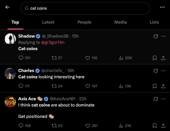 Zeeko_dev's tweet photo. Every single KOL is currently talking about "cat coins" and spamming "cat coins" all over X

"Cat coins" is being spammed every minute on the latest tab

https://t.co/zlG31rKzpP

We're currently in a cat meta

No better coin to send other than "Catcoin" https://t.co/SlH1v7SE2l