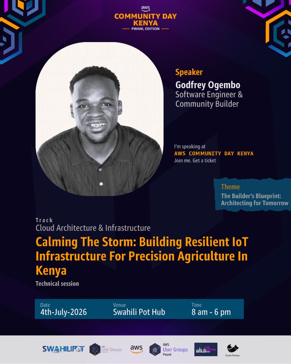Eve_OpsOfficial's tweet photo. Meet Godfrey Ogembo, Software Engineer &amp; Community Builder, speaking at AWS Community Day Kenya – Pwani Edition.
 Building Resilient IoT Infrastructure
Learn how AWS + IoT power resilient, scalable agriculture.
📅 4 July 2026 | 📍 SwahiliPot Hub
See you there! 🚀
#AWSCommunityDay https://t.co/SleXVZSJv8