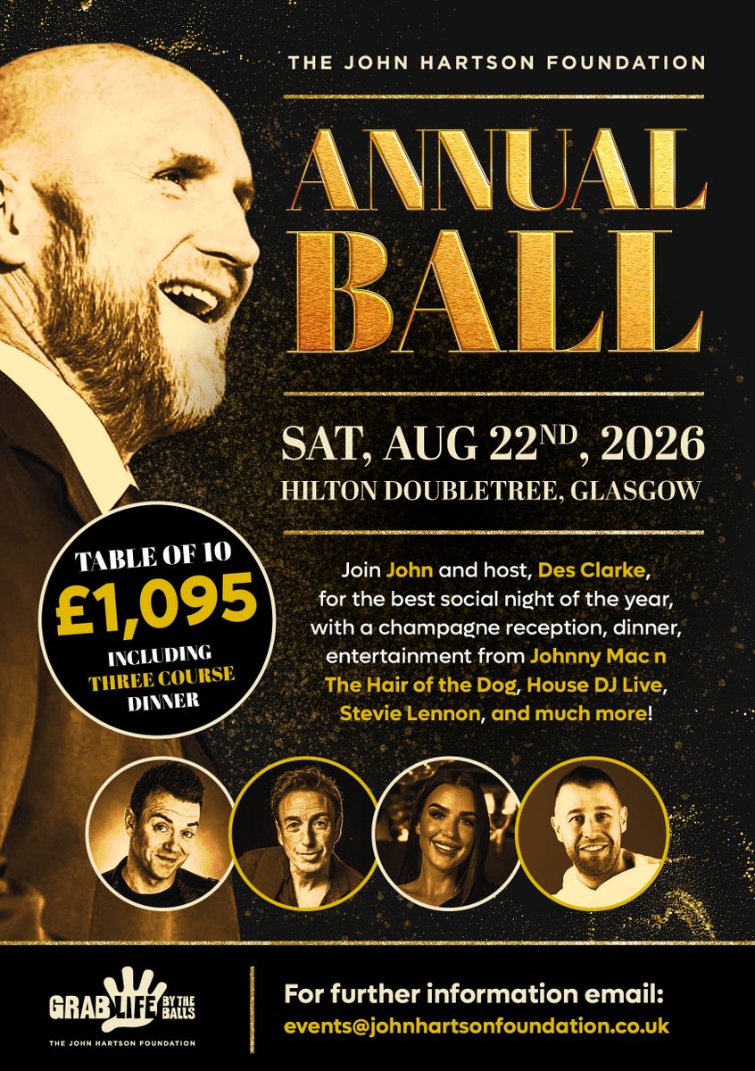 HartsFND's tweet photo. Join us for the John Hartson Foundation Annual Ball 2026 🥂 
📆 Sat 22 Aug 
🗺️ At the Hilton DoubleTree, Glasgow 
🎟Tables of 10 £1,095 
🎸Live entertainment, dinner &amp; an unforgettable night! 
Don’t miss out! 
events@johnhartsonfoundation.co.uk👉 https://t.co/uZR8V06fqu