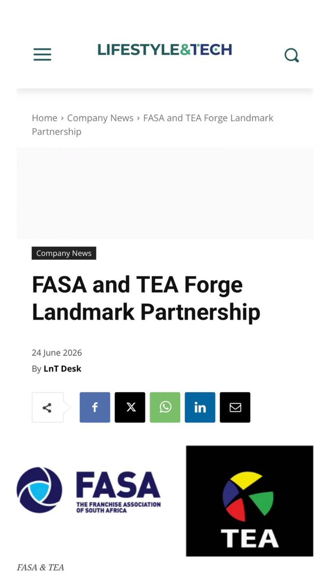 JoinUsForTEA's tweet photo. Article Feature | Lifestyle &amp; Tech
The newly launched partnership between TEA and FASA introduces a national SMME Support Programme focused on unlocking access to franchising for entrepreneurs across South Africa.

Read the full article: https://t.co/1eCn2hXpBq

#JoinUsForTEA https://t.co/UqC595FzdM