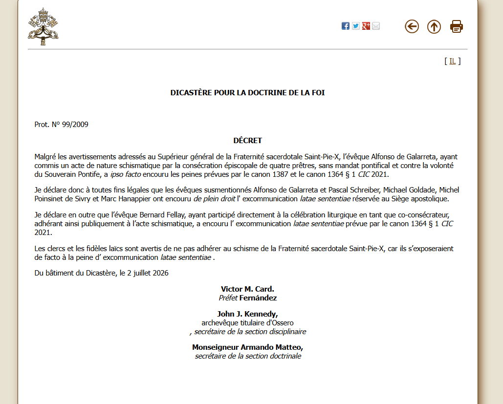 ClemBarre's tweet photo. Le décret prenant acte de l'excommunication Laetae sententiae et la note explicative du dicastère pour la doctrine de la foi. 

Tout les clercs de la FSSPX sont de fait en état de schisme, les sacrements qu'ils célèbrent sont illicites et donc la messe de la FSSPX ne satisfait pas le précepte dominicale. 

le mariage et la confessions sont invalide (puisque lié au pouvoir de juridiction). Donc les jeunes de la FSSPX qui vont se marier cet été vivront en fait en concubinage.