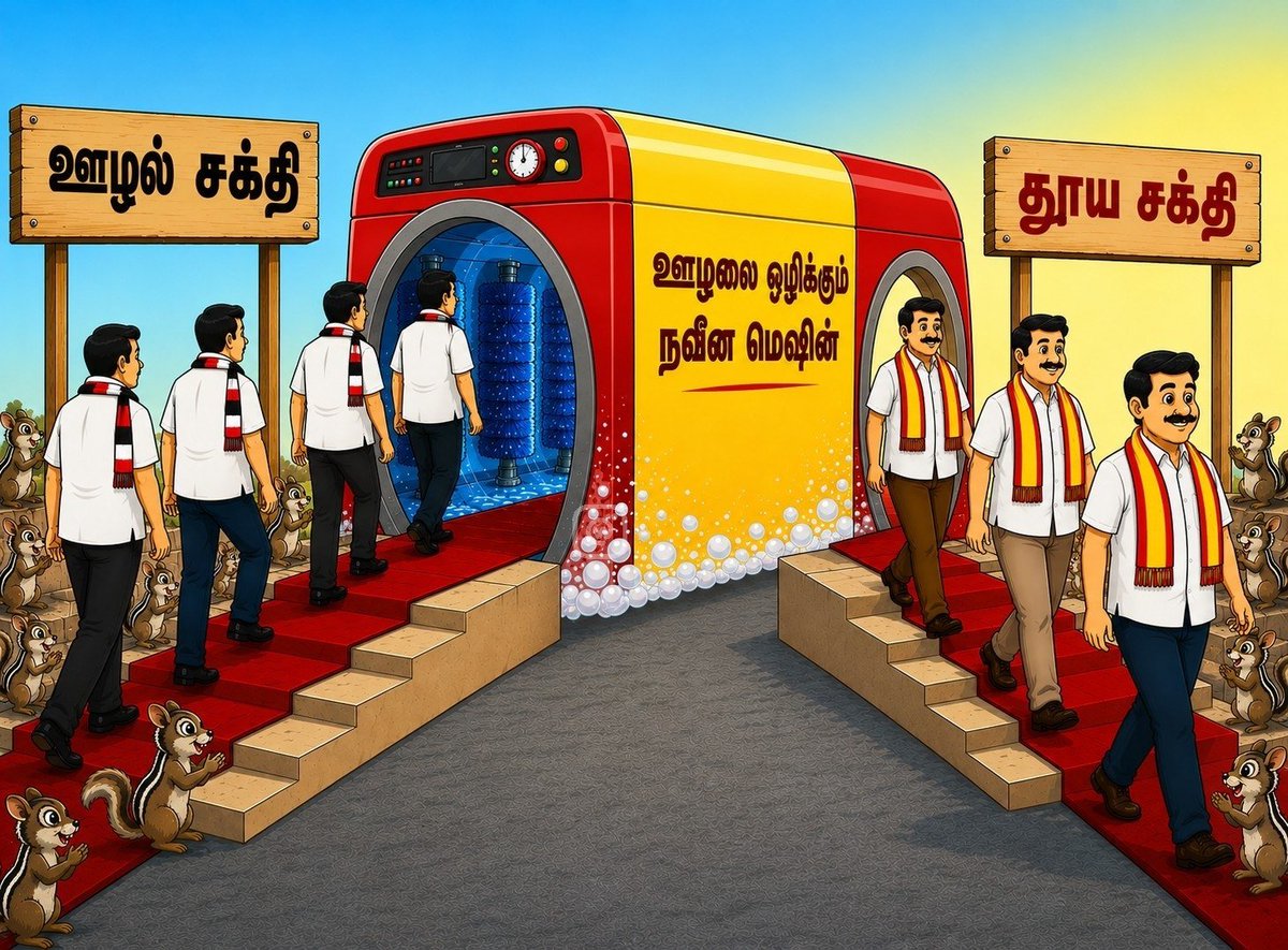 dmk_youthwing's tweet photo. தூயசக்தியின் ஊழல் ஒழிப்பு நவீன மெஷின்!

“மக்கள் பணத்தை தொட மாட்டோம், தொட்டவங்களையும் விடமாட்டோம்” என்று சட்டப்பேரவையில் முழங்கிய முதல்வர் @TVKVijayHQ, தமிழ்நாட்டிற்கு ஒரு புதிய ‘ஊழல் ஒழிப்பு வாஷிங் மெஷினை’ அறிமுகப்படுத்தியிருக்கிறார்.

இந்த வாஷிங் மெஷினின் தனிச்சிறப்பு என்னவென்றால், குட்கா விற்பனைக்கு லஞ்சம் பெற்றது, வருமானத்திற்கு அதிகமாக சொத்து குவித்தது, அனுமதியின்றி மணல் திருடியது, போலி அரசு முத்திரை தயாரித்தது என பல்வேறு ஊழல் குற்றச்சாட்டுகளில் சிக்கிய முன்னாள் அமைச்சர்கள் எவ்வளவு கறை படிந்த ‘குட்கா சக்தி’, ‘ஊழல் சக்தி’யாக இருந்தாலும் சரி, ஒரே வாஷில் அவர்களை ‘தூய சக்தி’யாக மாற்றிவிடுகிறது.

ஒரு பக்கம் “ஊழலை ஒழிப்பேன், ஊழல்வாதிகளை ஒழிப்பேன்” என்று மேடைக்கு மேடை வீரவசனம் பேசுவது; இன்னொரு பக்கம் ஊழல்வாதிகளை கட்சியில் இணைப்பது என்ற உங்களின் பொய்வேடம் கலையும் நாள் வெகு தொலைவில் இல்லை.

#TVKWashingMachine #TVKFails #VijayFails