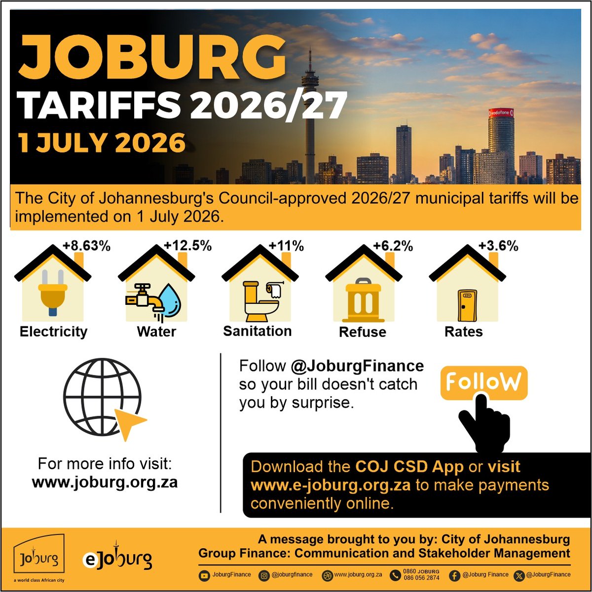 CityofJoburgZA's tweet photo. JOBURG TARIFFS: The City of Johannesburg has implemented the new #JoburgTariffs for the 2026/27 financial year. These tariff adjustments help the municipality maintain and invest in infrastructure across all seven regions of Johannesburg.
⬇️See more on our website:
🖱️https://t.co/nXaGrgodRH
^GZ