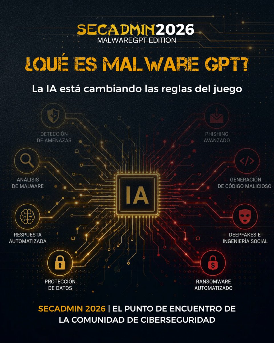 secadm1n's tweet photo. 🤖 ¿Qué significa #MalwareGPT?
La IA está cambiando la ciberseguridad.
Más automatización.
Más velocidad.
Más capacidad para atacar... y también para defender.
#MalwareGPT es la temática de la próxima edición de #SecAdmin2026.
¿Estamos preparados para esta nueva era? https://t.co/zl0O4wBbQR