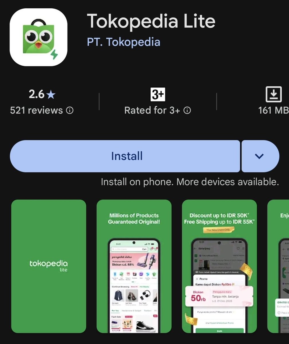 ecommurz's tweet photo. I bet not many of u know Tiktok have created a new version of Tokopedia called "Tokopedia Lite"? Its on Playstore. https://t.co/p56bG8KtCu