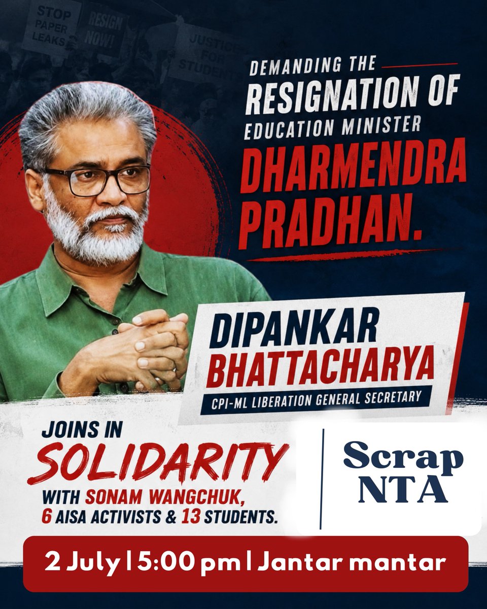 Dipankar_cpiml's tweet photo. Today is the 5th day of the indefinite fast by Sonam Wangchuk and six AISA activists. Will visit Jantar Mantar this evening to express solidarity with the fast and extend support to the student-youth movement calling for the scrapping of NTA and resignation of #DharmendraPradhan https://t.co/Ig8IwGNHo4