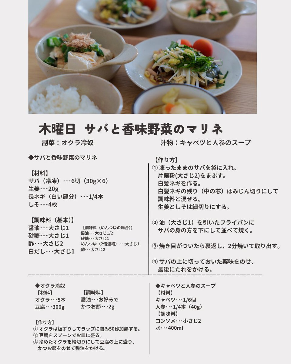 copi_gohan's tweet photo. 木曜日：サバの香味野菜マリネ
鯖を焼いて薬味をのせただけなのに、、、めちゃおいしい！！そしてこれ、1日置いてもさらにおいしい🤤
作り置きにもできるし南蛮漬けに飽きたらぜひやってほしい〜白だしがおすすめだけどめんつゆでもOKです🧡
本日の食材は↓ https://t.co/wLUzcSjtYt