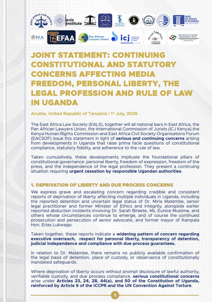 ICJKenya's tweet photo. JOINT STATEMENT: CONTINUING CONSTITUTIONAL AND STATUTORY CONCERNS AFFECTING MEDIA FREEDOM, PERSONAL LIBERTY, THE LEGAL PROFESSION AND RULE OF LAW IN UGANDA

The rule of law cannot thrive where journalists are silenced, lawyers are intimidated, or individuals are deprived of their liberty without due process.

ICJ Kenya joined regional legal and civil society organizations in calling for the urgent restoration of constitutionalism, media freedom, and civilian rule in Uganda.

@Ramah_Abubakar @kipdemas @alai_tina @MarthaKarua @EriasLukwago @TanganyikaLaw @Rwanda_Bar @ug_lawsociety @thekhrc @znzlawsociety @Burundibarassoc @ssbalaw @LawyersofAfrica @LawSocietyofKe @ntvuganda @ntvkenya 

#RuleOfLaw #MediaFreedom #HumanRights
