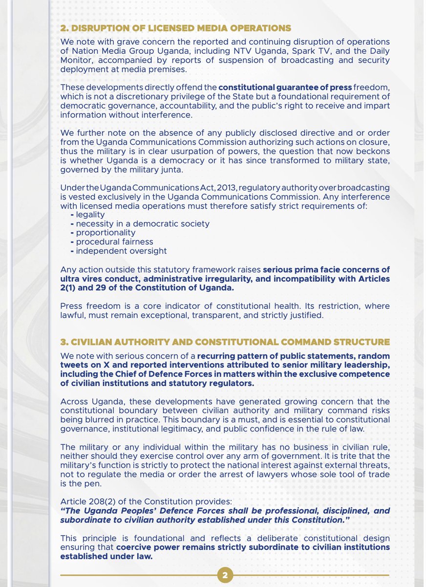 ICJKenya's tweet photo. JOINT STATEMENT: CONTINUING CONSTITUTIONAL AND STATUTORY CONCERNS AFFECTING MEDIA FREEDOM, PERSONAL LIBERTY, THE LEGAL PROFESSION AND RULE OF LAW IN UGANDA

The rule of law cannot thrive where journalists are silenced, lawyers are intimidated, or individuals are deprived of their liberty without due process.

ICJ Kenya joined regional legal and civil society organizations in calling for the urgent restoration of constitutionalism, media freedom, and civilian rule in Uganda.

@Ramah_Abubakar @kipdemas @alai_tina @MarthaKarua @EriasLukwago @TanganyikaLaw @Rwanda_Bar @ug_lawsociety @thekhrc @znzlawsociety @Burundibarassoc @ssbalaw @LawyersofAfrica @LawSocietyofKe @ntvuganda @ntvkenya 

#RuleOfLaw #MediaFreedom #HumanRights