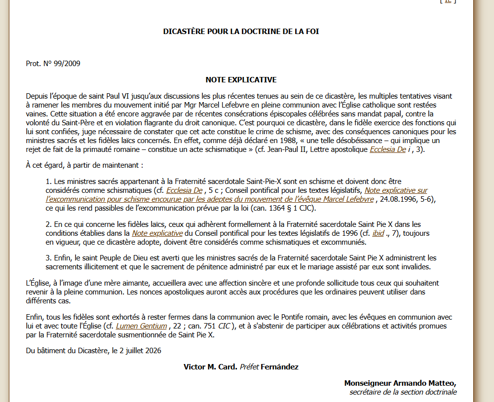 ClemBarre's tweet photo. Le décret prenant acte de l'excommunication Laetae sententiae et la note explicative du dicastère pour la doctrine de la foi. 

Tout les clercs de la FSSPX sont de fait en état de schisme, les sacrements qu'ils célèbrent sont illicites et donc la messe de la FSSPX ne satisfait pas le précepte dominicale. 

le mariage et la confessions sont invalide (puisque lié au pouvoir de juridiction). Donc les jeunes de la FSSPX qui vont se marier cet été vivront en fait en concubinage.