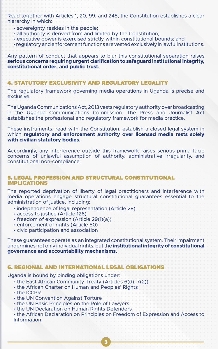 ICJKenya's tweet photo. JOINT STATEMENT: CONTINUING CONSTITUTIONAL AND STATUTORY CONCERNS AFFECTING MEDIA FREEDOM, PERSONAL LIBERTY, THE LEGAL PROFESSION AND RULE OF LAW IN UGANDA

The rule of law cannot thrive where journalists are silenced, lawyers are intimidated, or individuals are deprived of their liberty without due process.

ICJ Kenya joined regional legal and civil society organizations in calling for the urgent restoration of constitutionalism, media freedom, and civilian rule in Uganda.

@Ramah_Abubakar @kipdemas @alai_tina @MarthaKarua @EriasLukwago @TanganyikaLaw @Rwanda_Bar @ug_lawsociety @thekhrc @znzlawsociety @Burundibarassoc @ssbalaw @LawyersofAfrica @LawSocietyofKe @ntvuganda @ntvkenya 

#RuleOfLaw #MediaFreedom #HumanRights