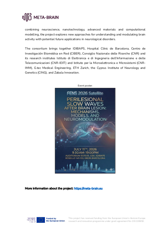 MetaBrain_EU's tweet photo. 🧠 Our latest press release is out! @FENSorg satellite event in Barcelona will bring together international experts to discuss #brainrecovery after injury.

📄 https://t.co/T4tPtrjfOm

#FENS2026 #FENSForum #SlowWave #METABRAIN_EU #Neuroscience #BrainStimulation #Neuromodulation https://t.co/S7vb2MFAte