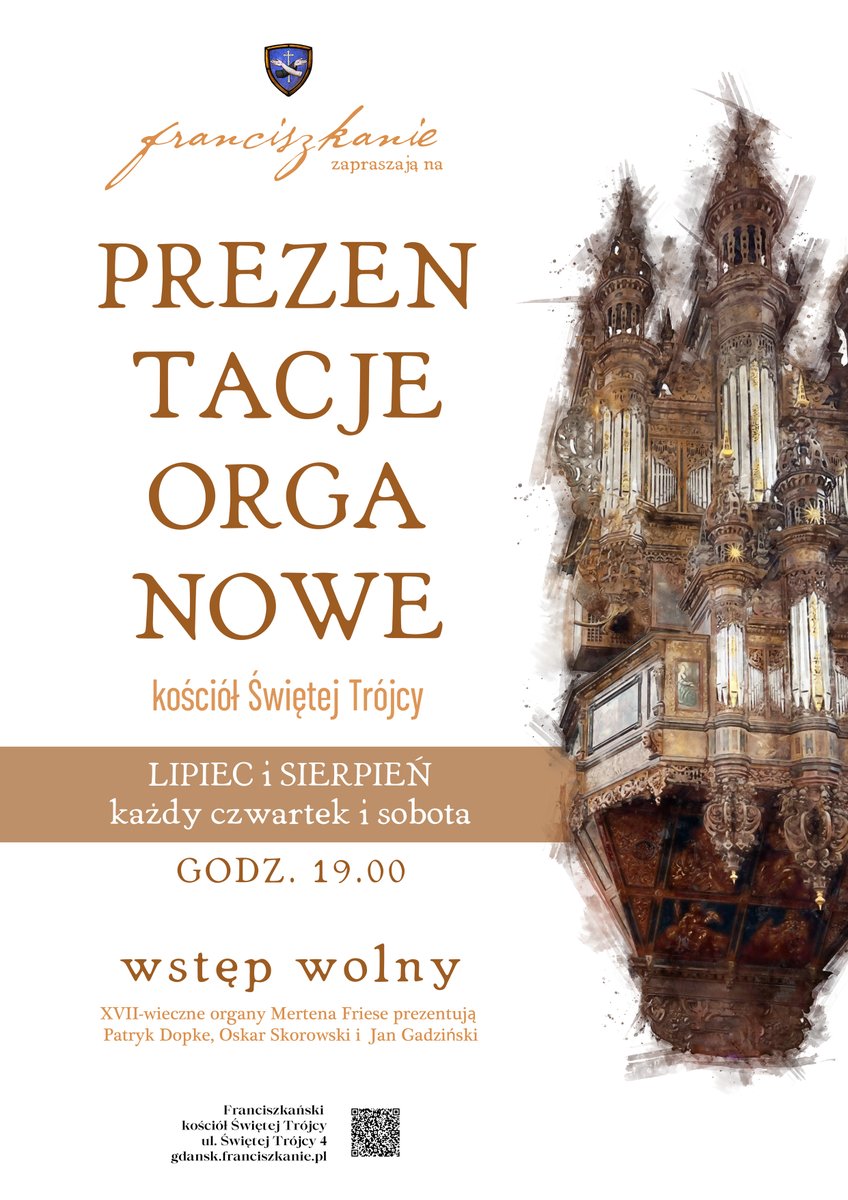 st_matteo's tweet photo. Od dziś ruszają letnie prezentacje organowe u franciszkanów. W każdy czwartek i sobotę lipca i sierpnia o godz. 19.00 we franciszkańskim kościele Świętej Trójcy posłuchać będzie można wielkich XVII-wiecznych organów Mertena Friese.

Niezwykły instrument prezentować będą organiści: Patryk Dopke, Oskar Skorowski i Jan Gadziński.

Koncerty trwają około 30 minut.
Wstęp wolny.

@franciszkanie @gdansk