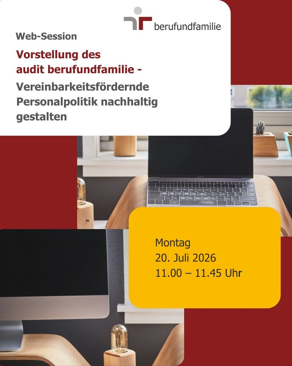 berufundfamilie's tweet photo. #Erwerbsumfang und #Arbeitsleistung hängen erheblich davon ab, wie sich Beruf und Privatleben vereinbaren lassen. Welche Hebel Arbeitgeber für einen gelingende familien- und #lebensphasen|bewusste #Personalpolitik ziehen sollten, erläutern wir in unserer kostenfreien #WebSession zum audit #berufundfamilie: 20.07.26, 11 Uhr, https://t.co/cn4gubpGBi. !B