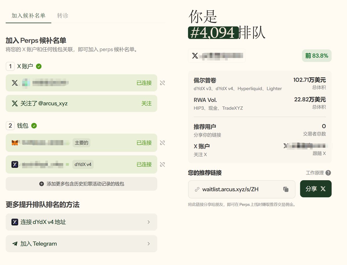 ETH116688's tweet photo. 曾经空投的王者DYDX 联合 Robinhood 搞了个币股 Perp
创始人在官方文档中说到会发币 @arcus_xyz
现在能做的就是加个候补名单，看看它后面的动作

传送门：https://t.co/ZDhYOOJPXU
1. 推特授权  关注推特
2. 链接钱包
链接刷过 Perp 的钱包  dYdX V4钱包  加入电报
可以提升排队的排名 https://t.co/Md0RA7QfpO