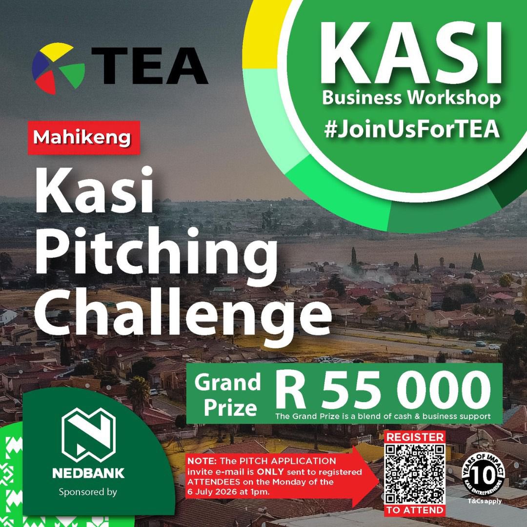 KasiEconomy's tweet photo. KASI PITCHING CHALLENGE

#JoinUsForTEA as we host our 51st edition of the "Kasi Pitching Challenge" in Mahikeng, North West, brought to you by Nedbank as part of our "TEA Kasi Business Workshop" national roadshow. The "Kasi Pitching Challenge" has, in the past, featured 269 finalists and produced 52 winners, nationwide.

Eligibility Criteria:
1. Must be a business based in and operating within a township.
2. Must have been in operation for 2+ years.
3. Must have all required compliance documents.
4. Must be South African-owned, be Level 1 BBBEE, and classified as a micro enterprise.

How It Works:
1. Register to attend the TEA Kasi Business Workshop in Mahikeng, North West.
2. A pitch application email will be sent to all attendees on the Monday of each workshop (6th of July 2026 for Mahikeng, North West at 1pm)
3. Follow the instructions and apply if eligible. Applications close on the 8th of July 2026 at 1pm.
4. Finalists will be notified via email & WhatsApp

Register here: https://t.co/yqebKNqdoT @JoinUsForTEA 

#JoinUsForTEA
#KasiBusinessWorkshop