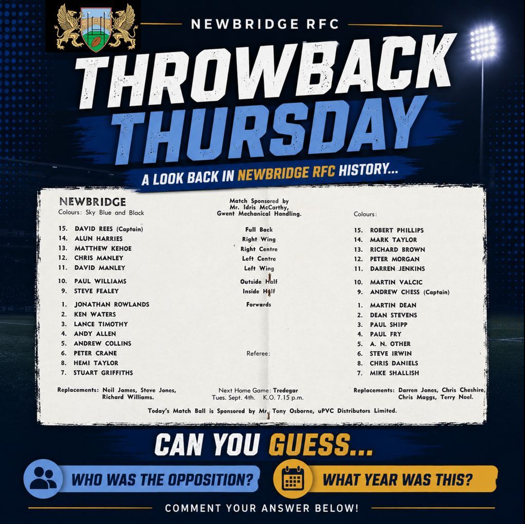 newbridgerfc's tweet photo. Throwback Thursday at Newbridge RFC 

A little look back through the archives with this classic team sheet from back in the day. Can you guess who the opposition were and what year this fixture took place?

Drop your answers in the comments 👇

#ThrowbackThursday #NewbridgeRFC #ClubHistory #RugbyHistory #WelshRugby #GrassrootsRugby #RugbyFamily #TheBridge #OldSchoolRugby #CommunityRugby