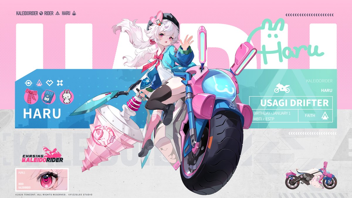 KaleidoRIDER_EN's tweet photo. [KALEIDO Test - RIDER Profile]

Name: Haru
Height: 138cm
Birthday: Jan 1
MBTI: ESTP

A member of the campus faction "Yager." She's a girl who finds much of human society terrifying, secretly wishing she could just turn into a little rabbit. Yet, despite her fears, she gives it her absolute all every single day—just to protect Yager, the one place she can finally call home.

Kyle's Note: Haru gets spooked pretty easily. Whenever you walk up to her, make sure to tread lightly and keep your voice super gentle.

KALEIDO Test Recruitment is NOW OPEN! Pre-register on official site now!🔥
Ready to start a heart-pounding journey with the RIDERS? Sign up and pre-register now!

#ChasingKaleidorider #KALEIDOTest