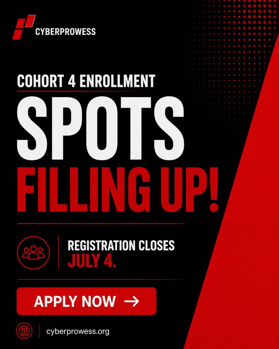 CyberProwess's tweet photo. ๐จ Cohort 4 is filling up!
If you've been waiting to apply for the CyberProwess Bootcamp, now is the time.
โณ Registration closes July 4.
Apply here:
https://t.co/lJ3fO9TA0u
#CyberProwess #CyberSecurity #CyberBootcamp #InfoSec https://t.co/U9GRzl795N