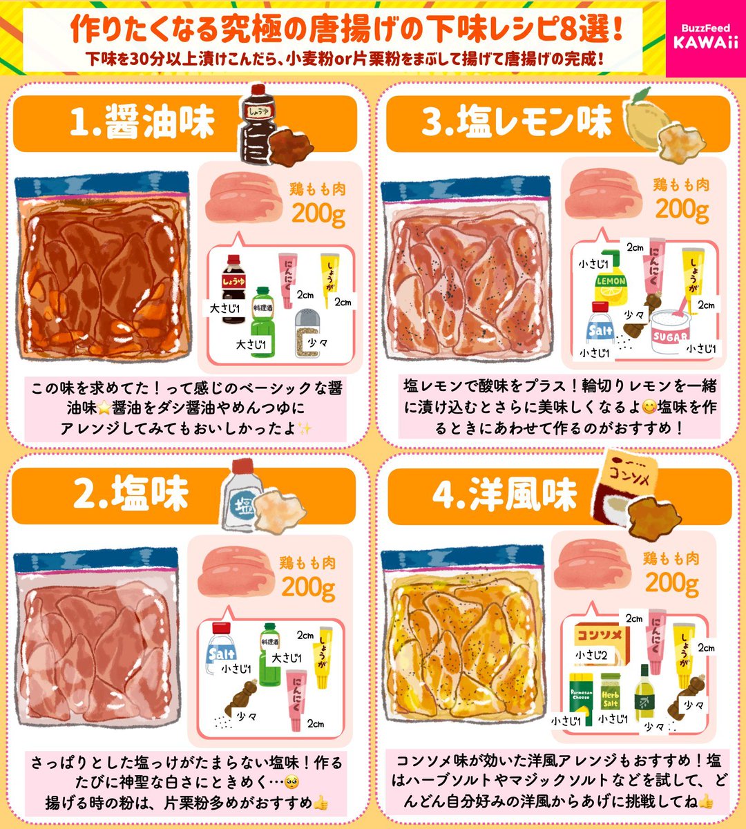BuzzFeedKawaii's tweet photo. 鶏肉を下味冷凍しておけば日々の自炊が楽に✨

からあげに合う色んな味付けをまとめたよ🤎

どの味が好きかコメントしてね！ https://t.co/gE08zcohq2